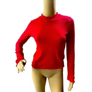 Divided H&M Red Ribbed Ruffled Mock Neck Long Sleeve Cotton Top Size Small